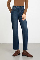 High Waist Fleece Lined 4 Way Stretch Raw Hem Ankle Crop Jeans