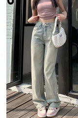 High Waist Light Wash Wide Leg Straight Floor Length Jeans