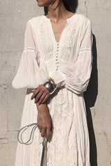 Vintage Lace Panel V-Neck Embroidered Boho Dress