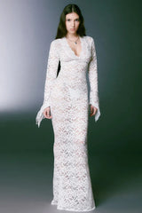 Sheer Lace Deep V-Neck Flared Sleeve Maxi Lace Dress