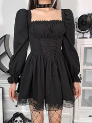 Spaghetti Strap Lace Satin Slip Party Mini Harajuku Vintage Square Collar Puff Sleeve Dress