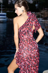Off Shoulder Ruffled Floral Asymmetric Boho Dress
