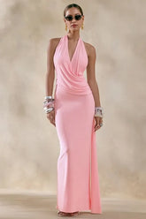 Asym Halter Backless Draped Party Dress