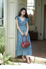 V-Neck Ruffled Midi Floral Dress