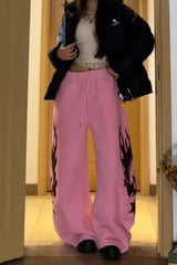 Flame Print Sherpa Drawstring Curved Leg Pants