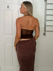Hollow Patchwork Halter Maxi Dress