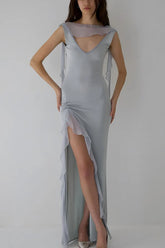 High Slit Ruffle Slip Dress