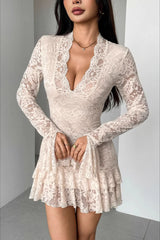 Lace V-Neck Double Ruffle Bodycon Dress