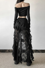 Lace Overlay Wave Detail Bodycon Skirt