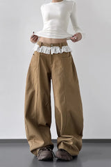 High Waist Lace Paneled Straight Wide Leg Floor Length Jeans
