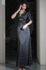 Lace Trim V-Neck Polka Dot Fit Floor Lace Dress