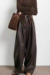 Vintage Brown Fleece Lined PU Pleated Wide Leg Pants