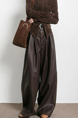 Vintage Brown Fleece Lined PU Pleated Wide Leg Pants