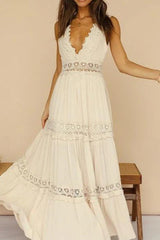 Elegant Lace V Neck Mid Rise Boho Dress