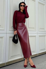 Anchor Red High Waist Slit Pencil Skirt