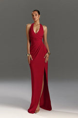 Halter Neck V-Slit Evening Wrap Dress