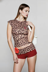 Leopard Print Shorts Sleeve Crop Top Two Piece Shorts Set
