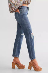 Vintage Distressed Stretch Slim Straight Denim Jeans