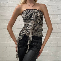 Leopard Ruffles Patchwork Strapless