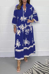Floral Print Band Collar Waist Cinching Elegant Boho Dress