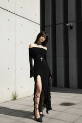 Fashionable Ruffle Hem Split Bodycon Maxi Dress