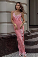 Satin Spaghetti Strap Split Lace Dress