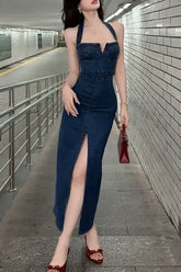 Halter Split Maxi Denim Dress