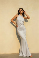 Solid Sleeveless Halter Backless Satin Formal Dress