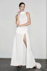 Slit Open Back Halter Ruched Maxi Vacation Dress