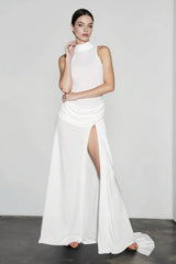 Slit Open Back Halter Ruched Maxi Vacation Dress