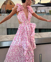 Ruffle Split Lace-up Floral Dress