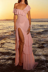 Asymmetric Sheer Ruffle Birthday Dress