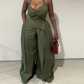 Ruched V Neck Wide Leg Two Piece Pants Set