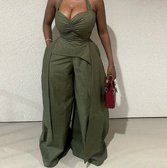 Ruched V Neck Wide Leg Two Piece Pants Set