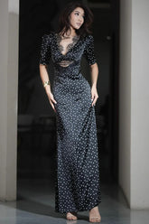 Lace Trim V-Neck Polka Dot Fit Floor Lace Dress