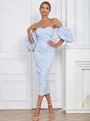 Flower Print Sky Blue V-Neck Bodycon Lace Dress