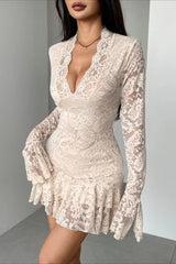 V Neck Ruffled Lace Dress