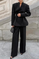 Ruched V Neck Waist Cinched Blazer Pants Two Piece Set
