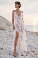 Plunge Mesh Asymmetric Ruffle Trim Long Slip Dress