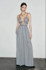Deep V Striped Halter Vacation Dress