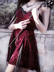 Y2K Gothic Vintage Mesh Velvet Mini Grunge Aesthetic Dark High Waist Slit Partywear Emo Lolita Clubwear Dress