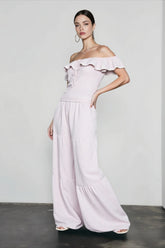 Ruffle Off Shoulder Top Pants Vacation Set