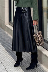 PU Leather Shirred A-Line Skirt