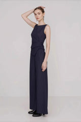 Stripe Asymmetric Sleeveless Top Straight Work Set