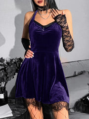 Velvet Gothic Green  Halter Y2K Backless Lace Patchwork High Waist Mini Dress