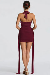 Deep V Halter Sash Teardrop Bodycon Party Dress