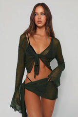 Sheer Tie Mesh Long Sleeve Bandeau Two Piece Set