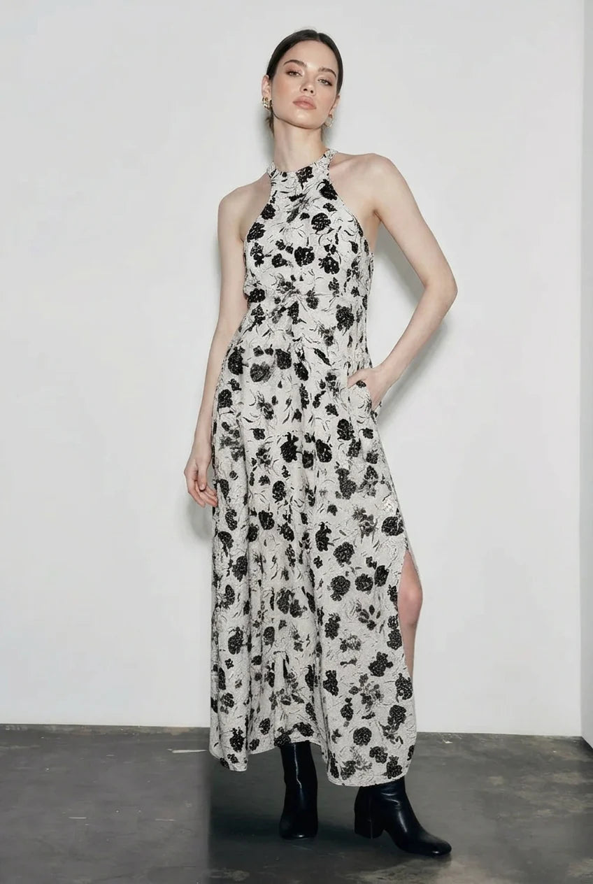 Printed Halter Mock Neck Vacation Dress