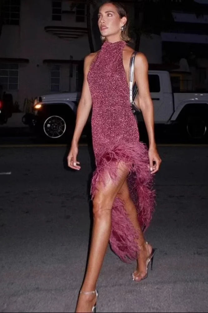 Feather Panel Halter Asymmetrical Graduation Party Dress