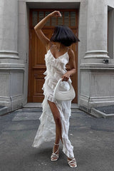 Spliced Ruffled Sling Split Slim Maxi Boho Dress